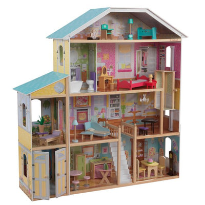 Wooden dollhouse with 34 accessories