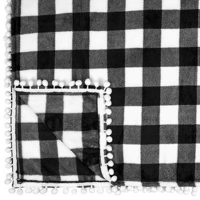 Plaid Pom Pom Fringe Throw Blanket, (Black & White), 60" x 80"