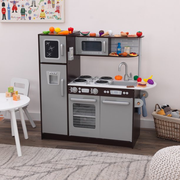 Wooden play kitchen with blackboard and food accessories