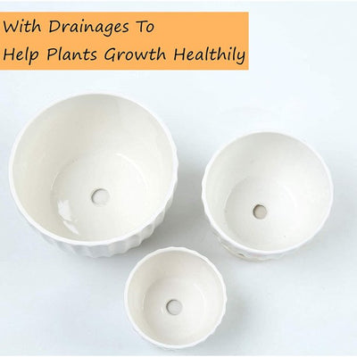 Ceramic Planters, White with Drain Saucers, Set of 3