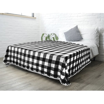 Plaid Pom Pom Fringe Throw Blanket, (Black & White), 60" x 80"