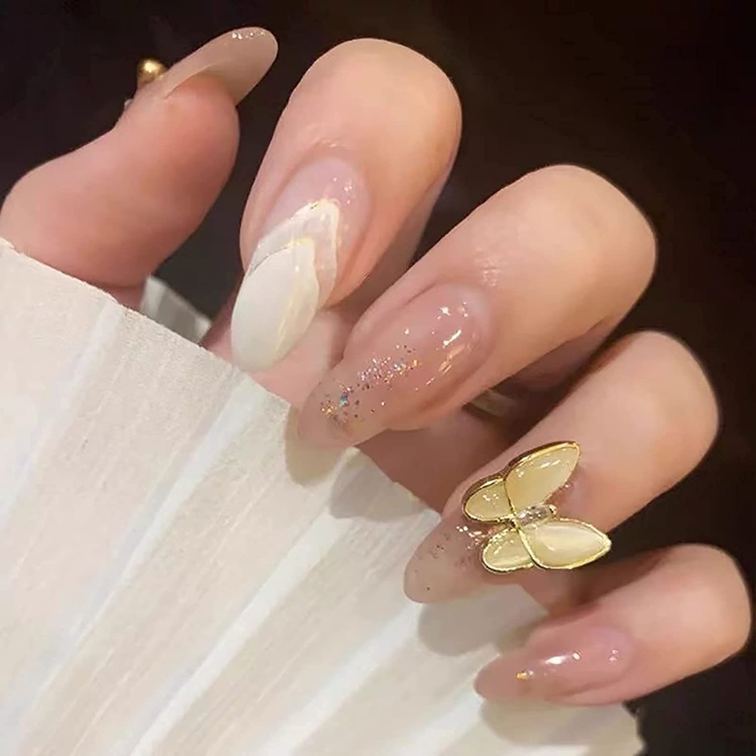 Cute False Nails 24pcs, 3D Butterfly, Nude pink