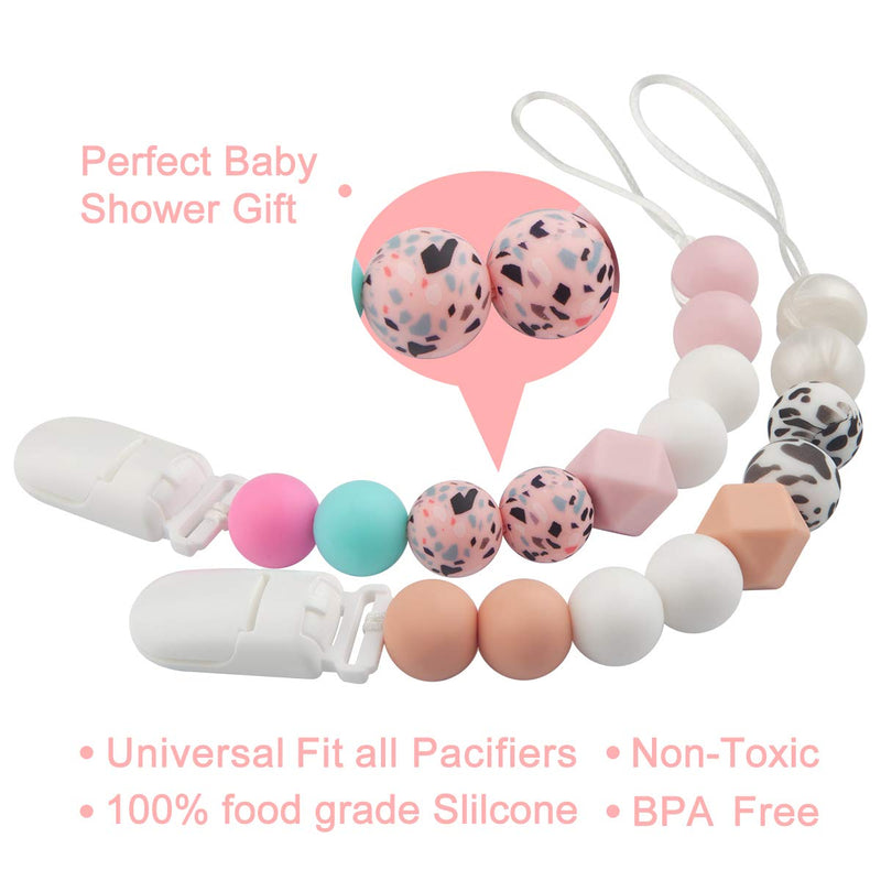 Baby pacifier clip 2 pack (little pink floral + cow print)