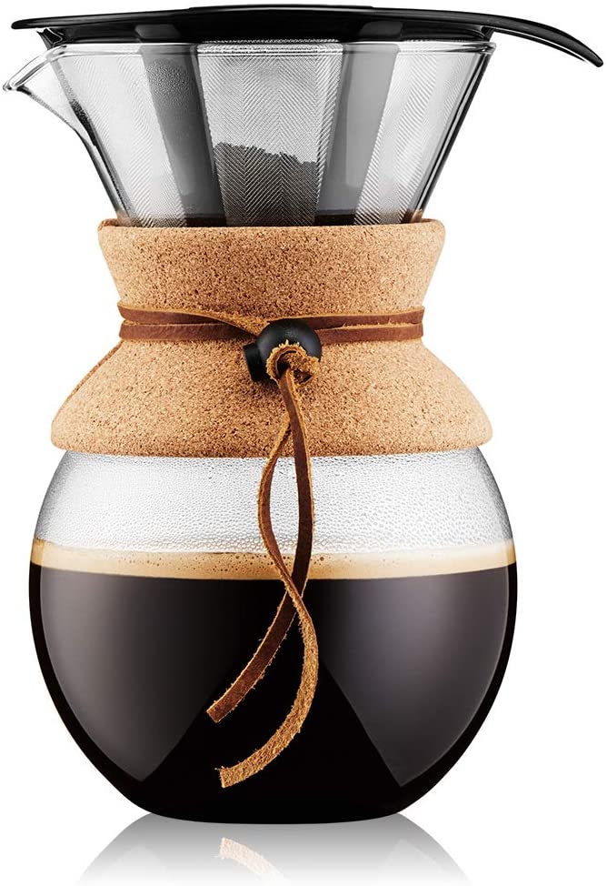 Pour Over Coffee Maker with Permanent Filter, Glass, 34 Ounce, 1 Liter, Cork Band