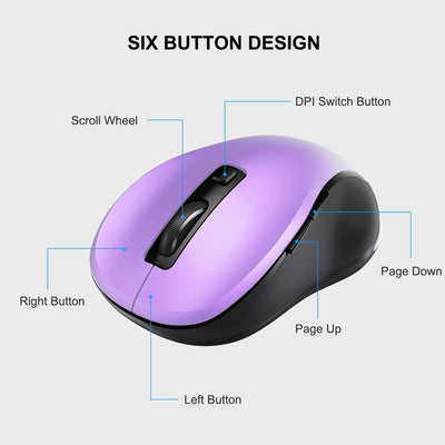 Wireless Mouse for Laptop, 3 Adjustable , 6 Button, Pure Purple