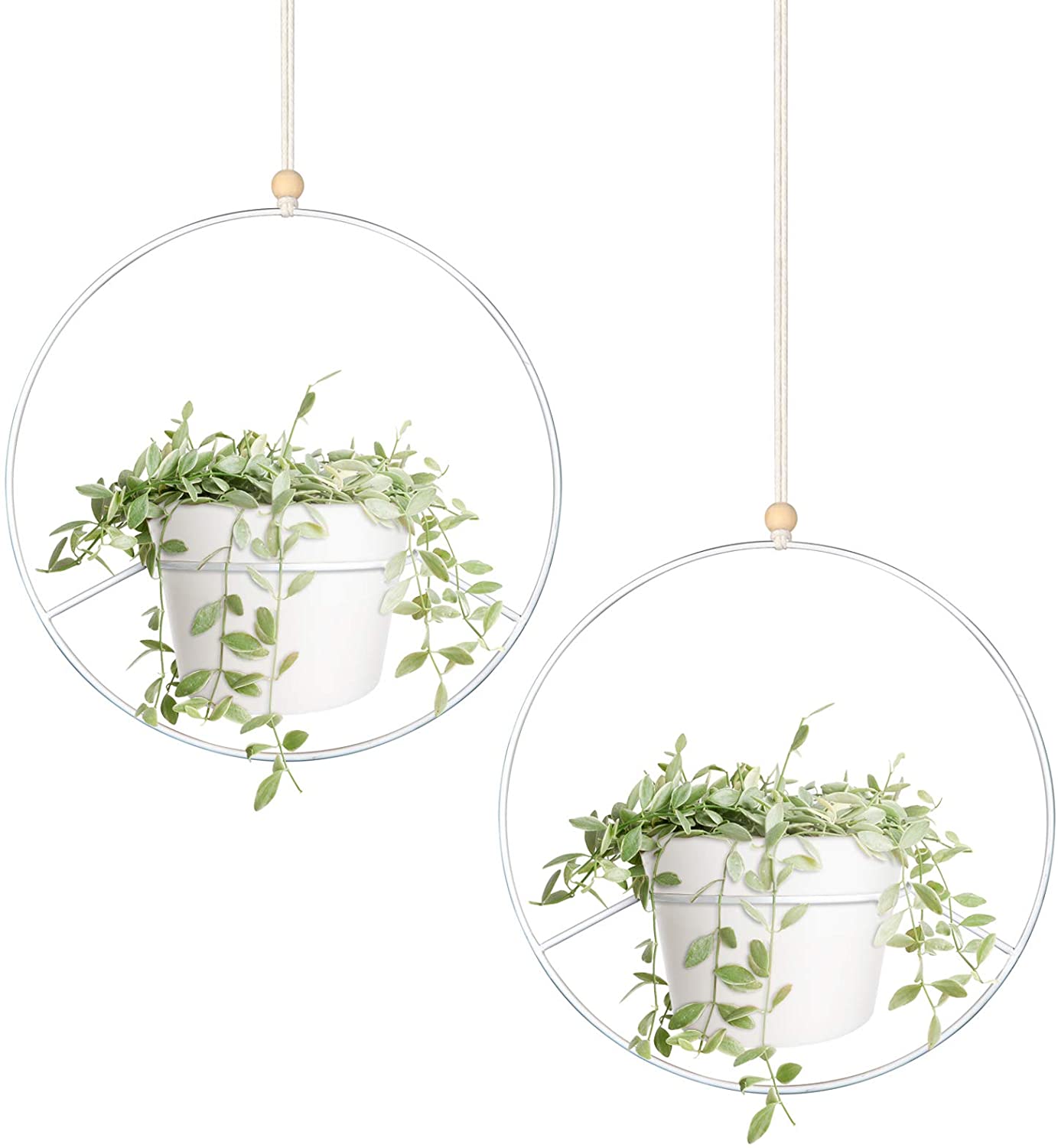 Boho Hanging Planter, Set of 2 Round Metal Plant Hanger with Plastic Plant Pot