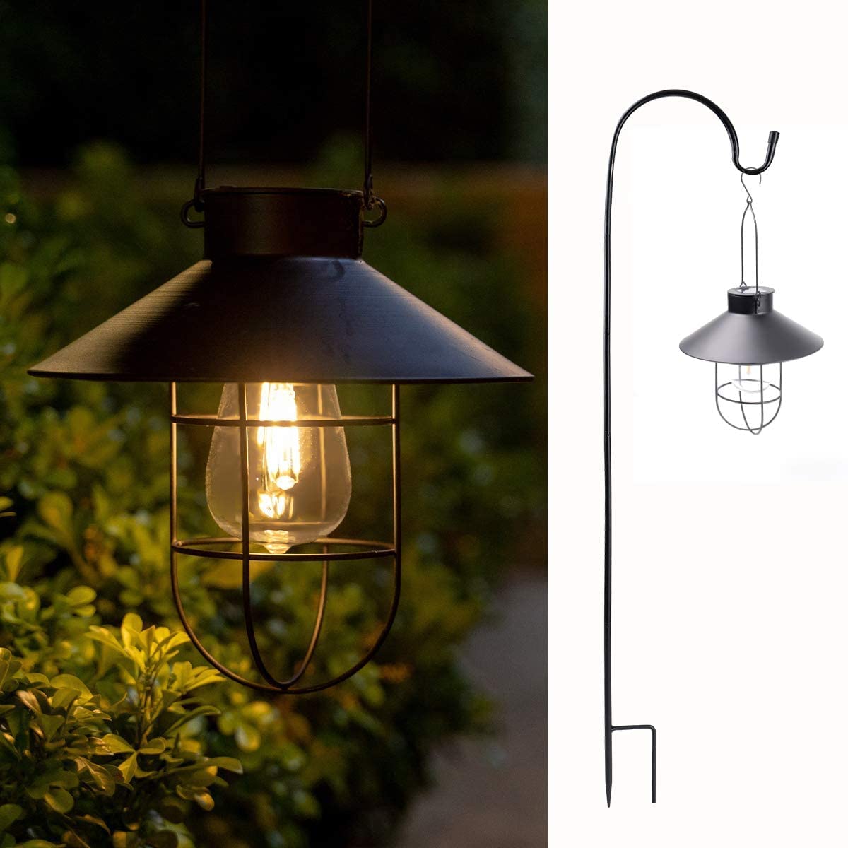 2PCS Metal Hanging Solar Lanterns with Hook LED Lights black