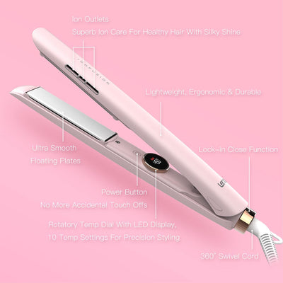 Ceramic hair straightener, 1", dual voltage, pink