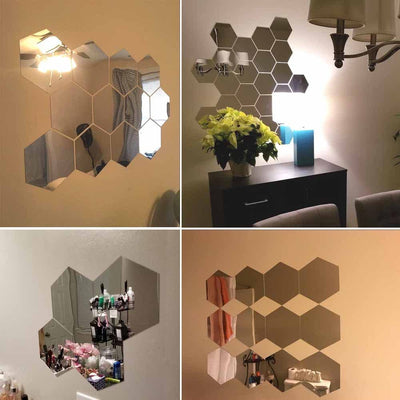 Hexagon Wall Decals,  12 PCS Large Removable Acrylic Mirror Wall Stickers for Home Living Room Bedroom Decor (9cm, Silver)