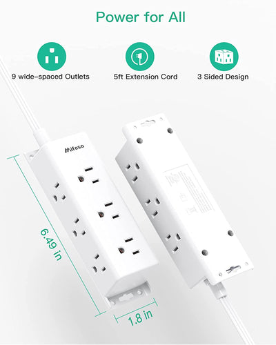 Electrical multi-socket with 9 spaced outlets, 5Ft Extension Cord