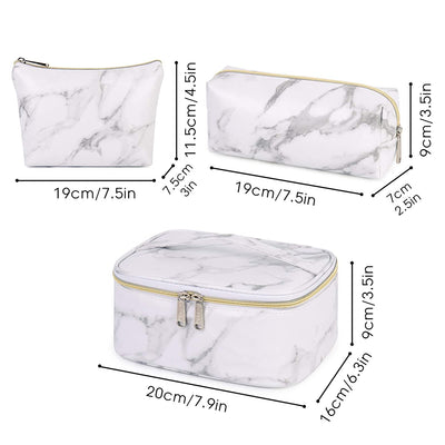 3 Piece Makeup Bag, (Marble White)