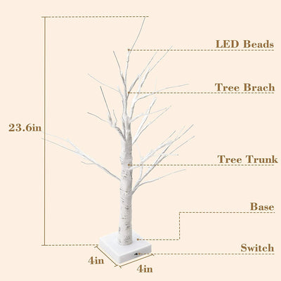 Set of 2 birch trees illuminated by 28 warm white battery operated LEDs