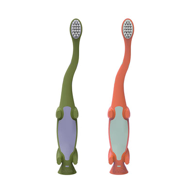 Toothbrush for toddlers, dinosaur, green and orange, pack of 2