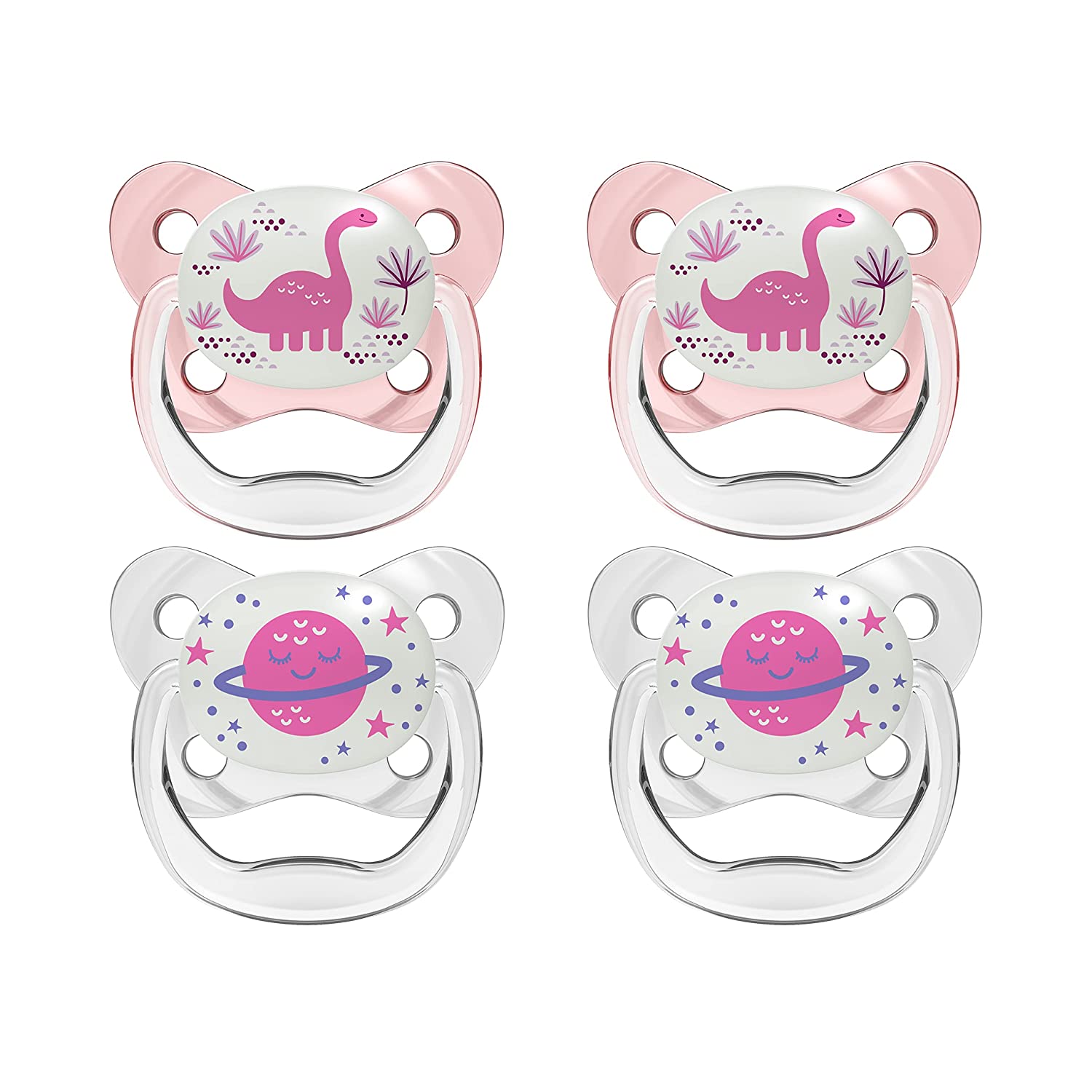 4 Pack Glow in The Dark Pacifiers (6-12m), (Pink)