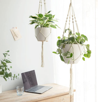 2 Macrame Plant Hangers Indoor Hanging Planter Basket Decorative (Ivory)