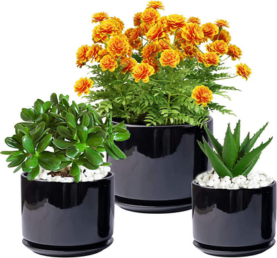 Flower Planters with Connected Saucer, Set of 3, Black