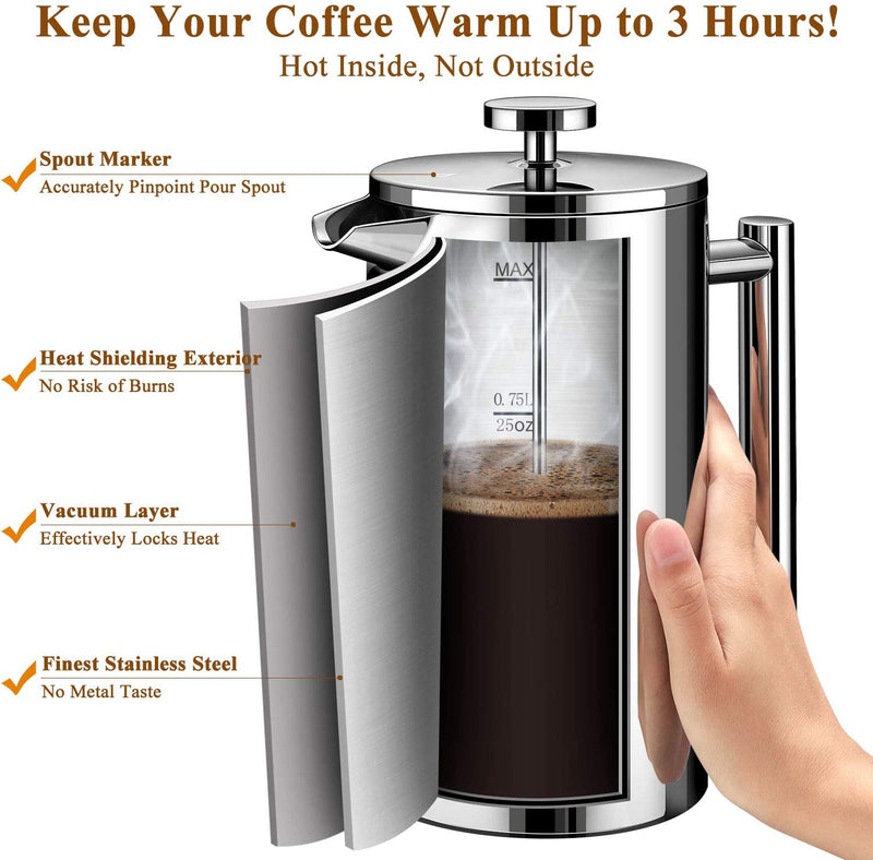 French Press Coffee Maker, 304 Grade Stainless Steel