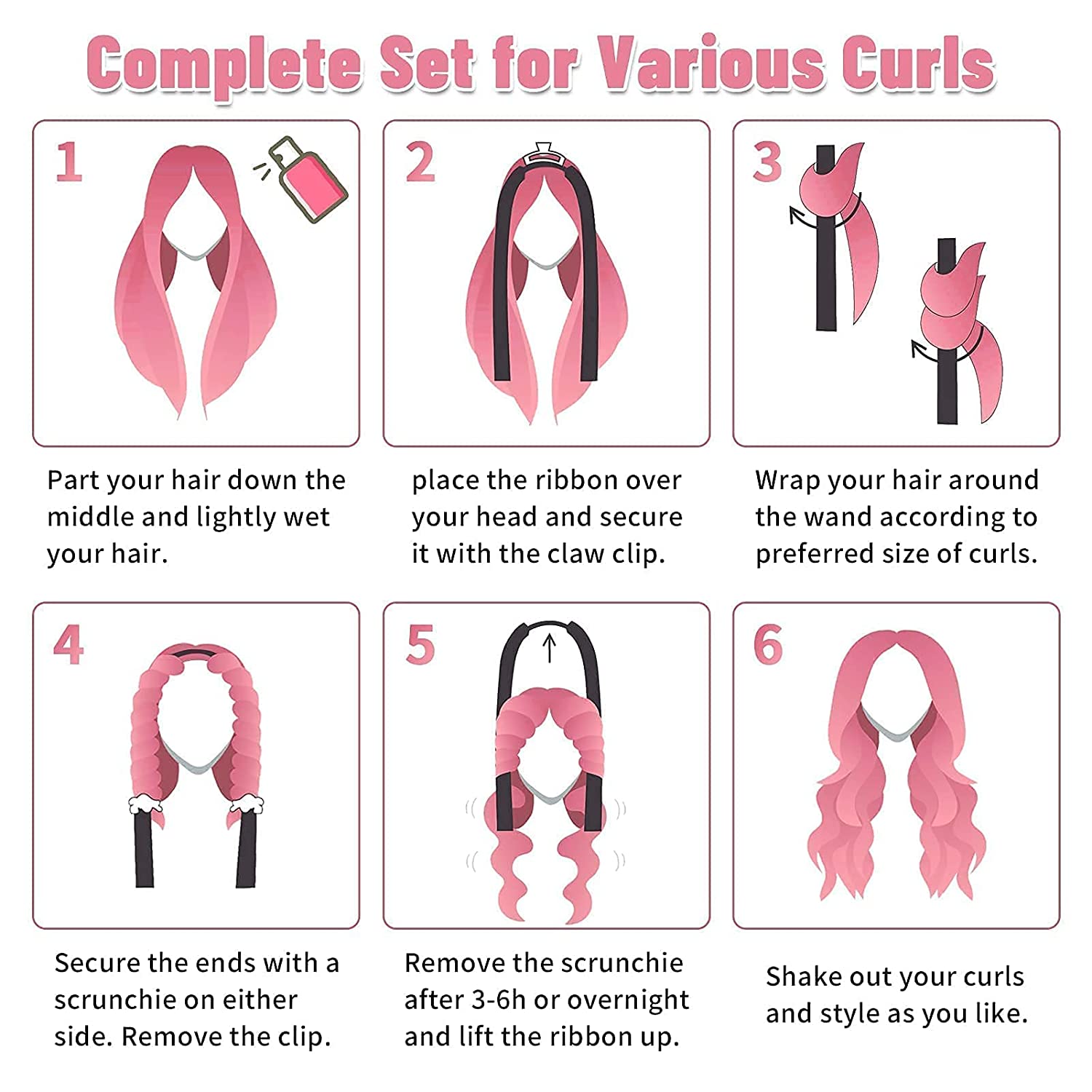 Heatless Silk Curls Headband with Rubber Bands and Clips (Pink)