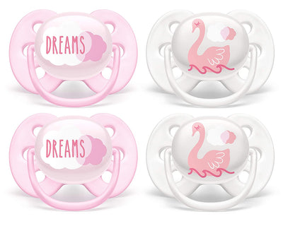 Pack of 4 ultra soft pacifiers, 0-6 Months, (Dreams/Swans).