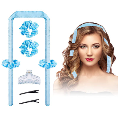 Heatless Silk Curls Headband with Rubber Bands and Clips (Blue)