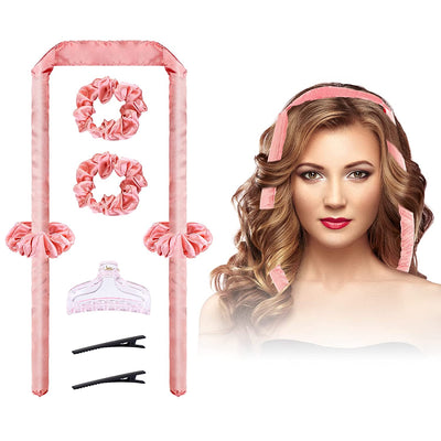 Heatless Silk Curls Headband with Rubber Bands and Clips (Pink)