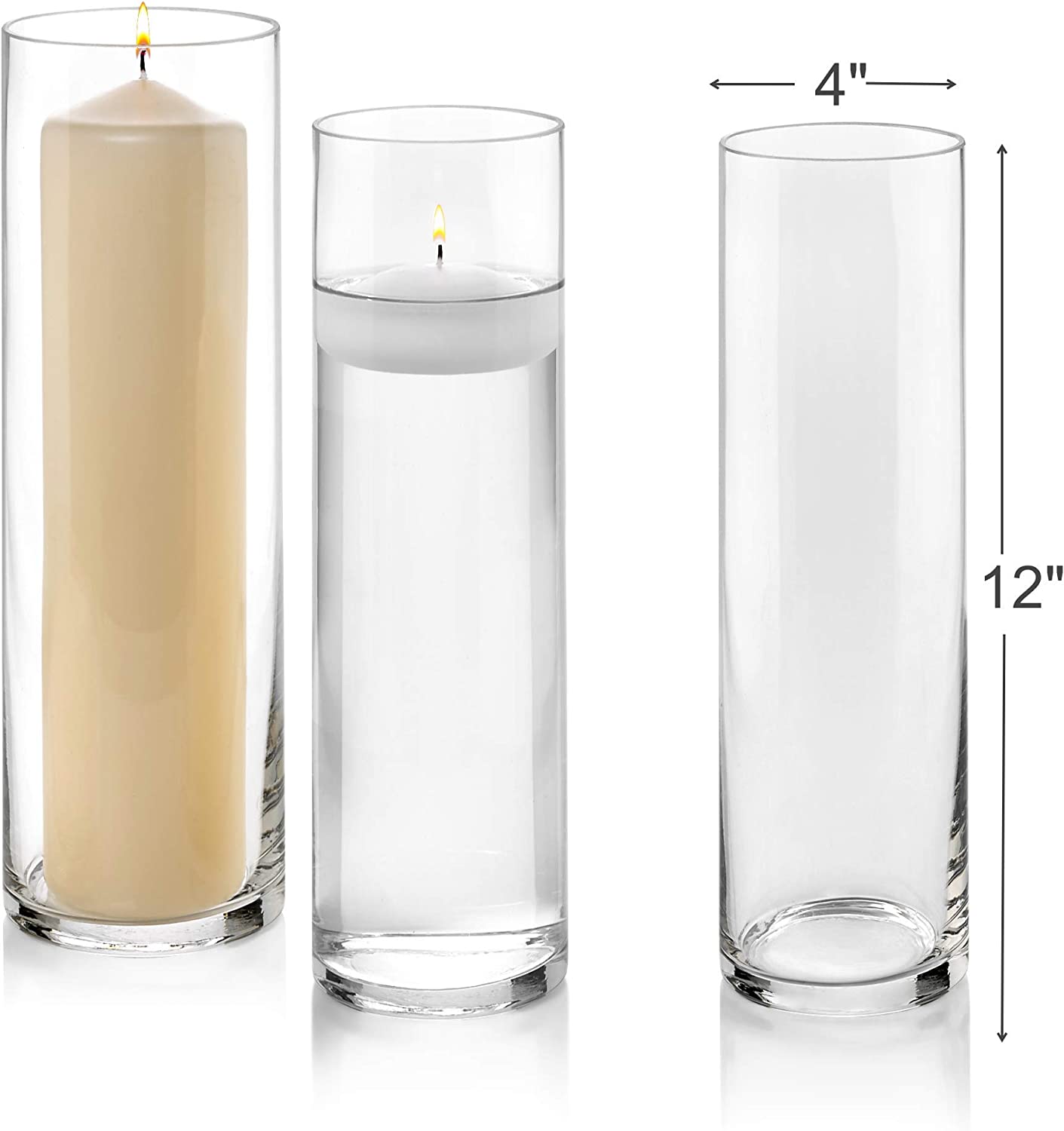 Set of 3 12" Tall Cylindrical Glass Vases for Flowers or Candles