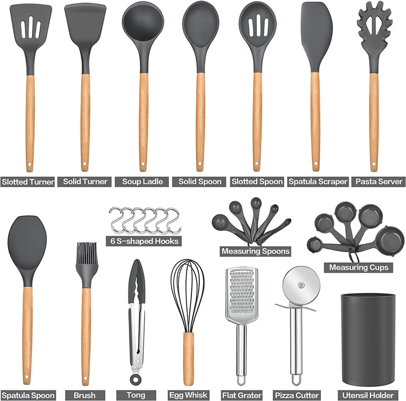 Silicone kitchen utensil set, 30-piece, gray