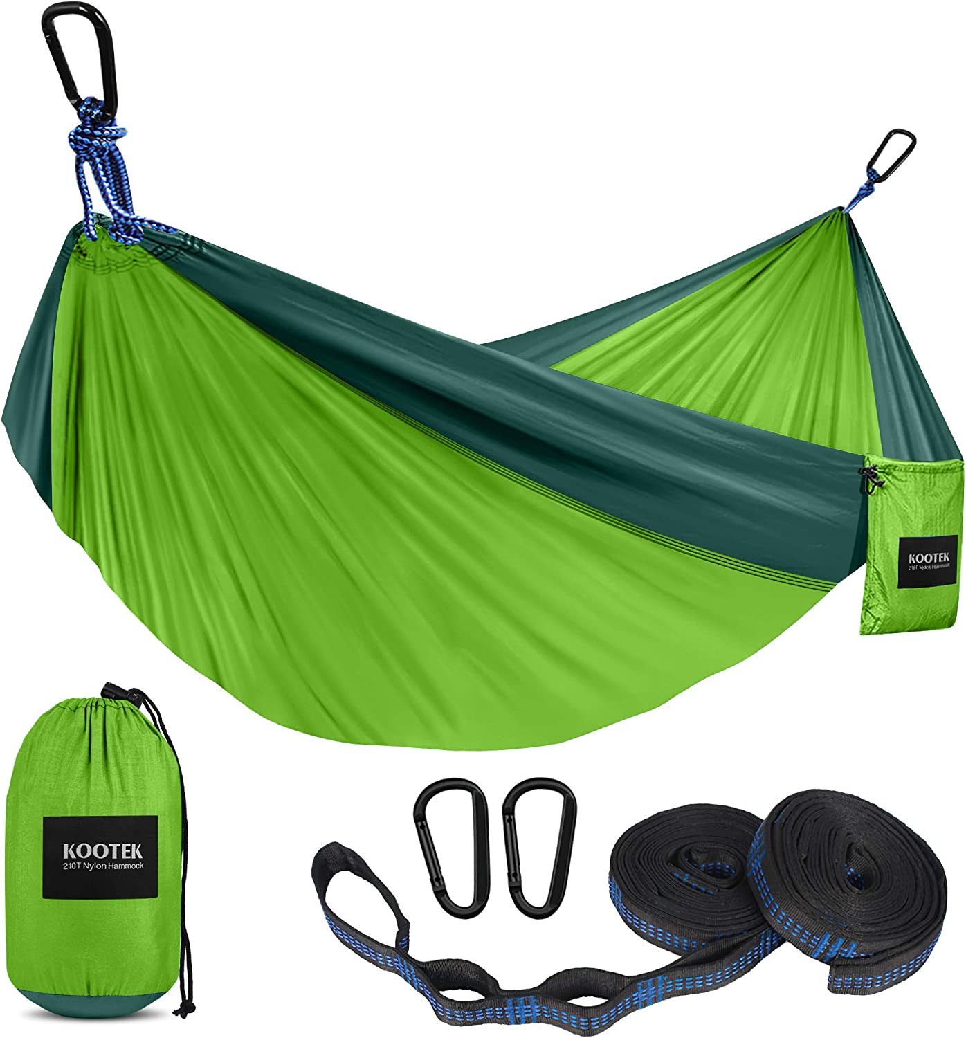 Portable camping hammock with 2 straps, Green & Dark Green