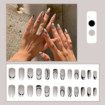 Cute False Nails 24pcs, Black Abstract Swirl, Grey