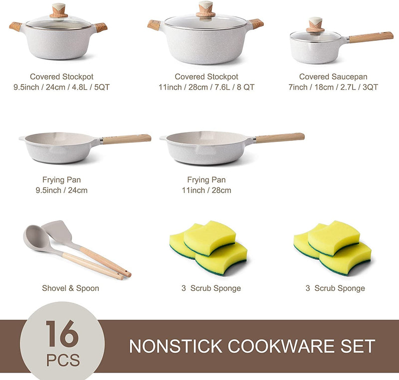 Granite Cookware Sets with Skillet, Pot, and Saucepan, (Beige)