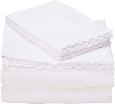 100% Microfiber 4-Piece Lace Sheet Set (White- (Queen)