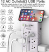 Multiple plug, 12 outlets and 3 USB ports, white