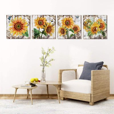 Art for Wall Decorations, Sunflower Style,4 Pieces,12"x12"