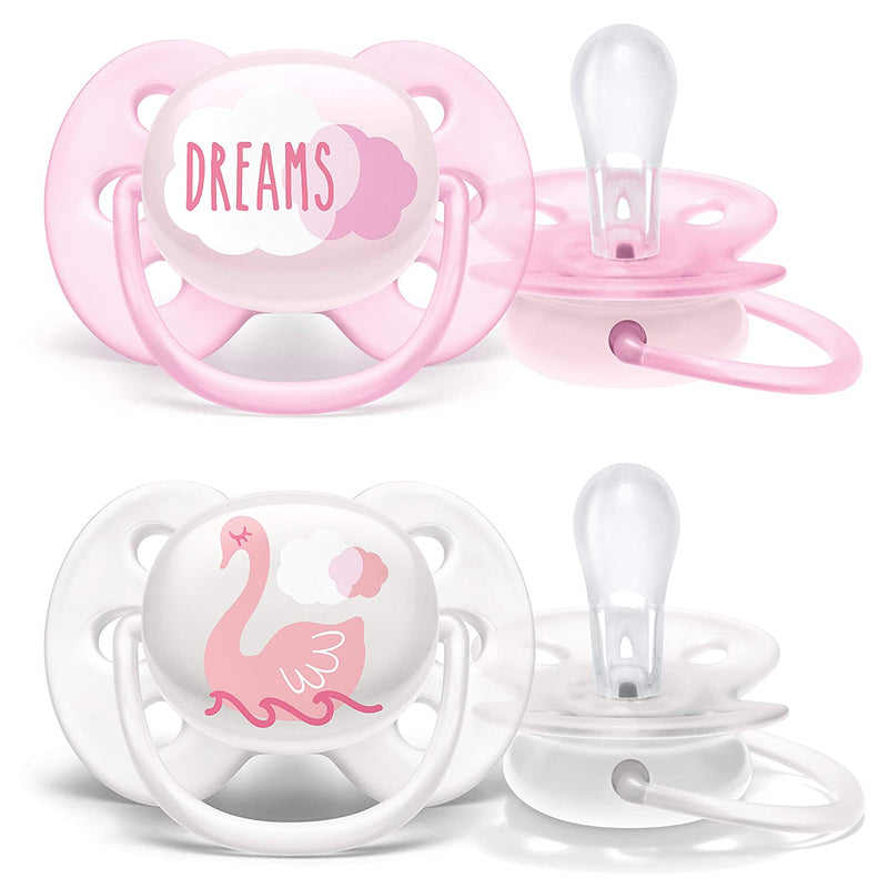 Pack of 4 ultra soft pacifiers, 0-6 Months, (Dreams/Swans).