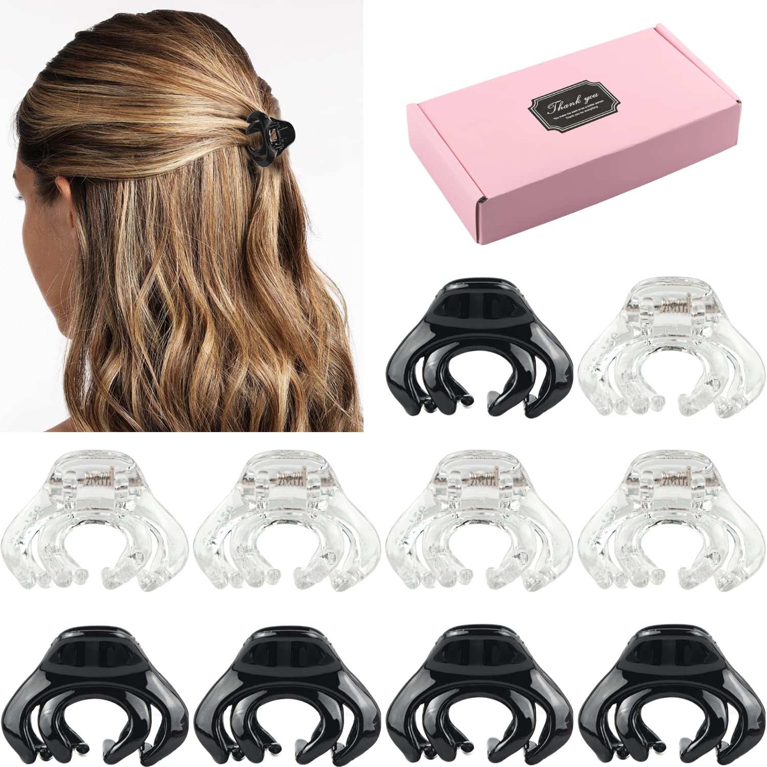 Hair Clips 1.5 Inch Non-Slip 10-Pack, (Black & Clear)