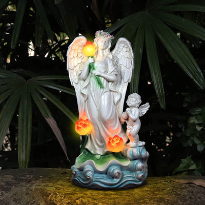 Angel Garden Statue with Warm White Light, 6.3 x 4.7 x 13 inches