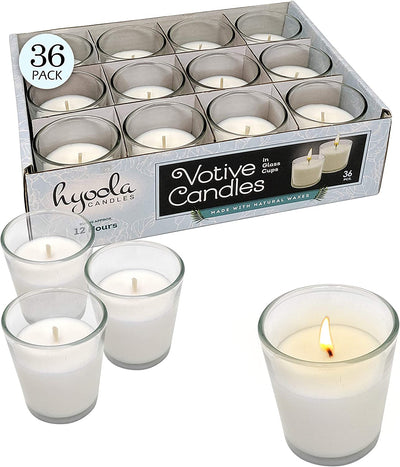 White Votive Candles in Clear Glass Cup, (Pack x 36