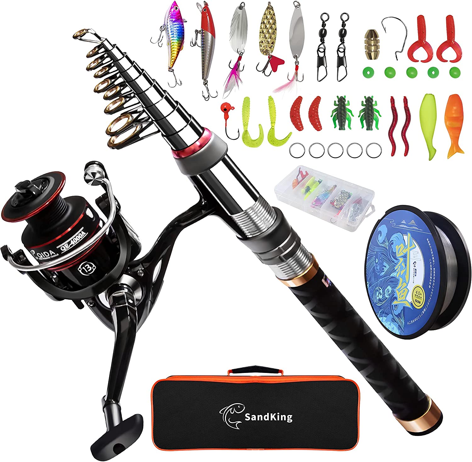 Carbon fiber telescopic fishing rod combo, color: black