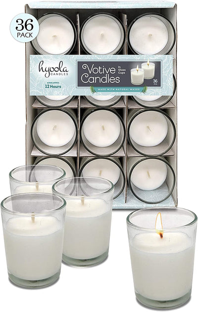 White Votive Candles in Clear Glass Cup, (Pack x 36