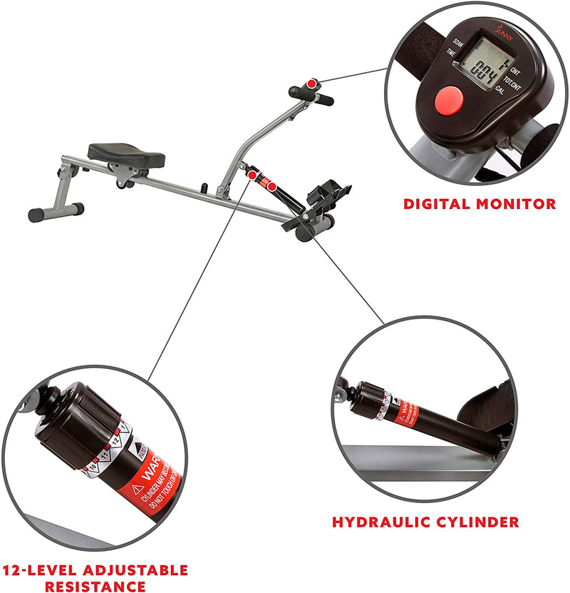 rowing machine with 12 level adjustable resistance, 220 lb max