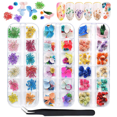 132 pcs 3D Dried Flowers Nail Art Decals, 3 Boxes Colorful