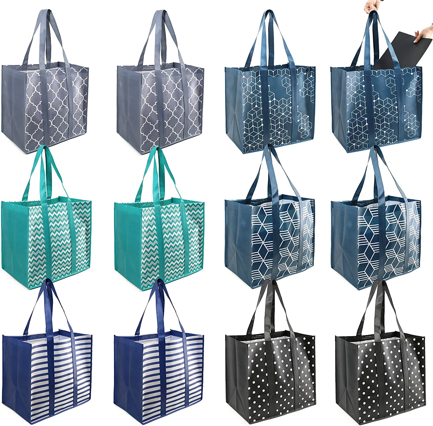 12 Extra Large Reusable Grocery Bags (Grey/Navy/Teal/Blue/Black)