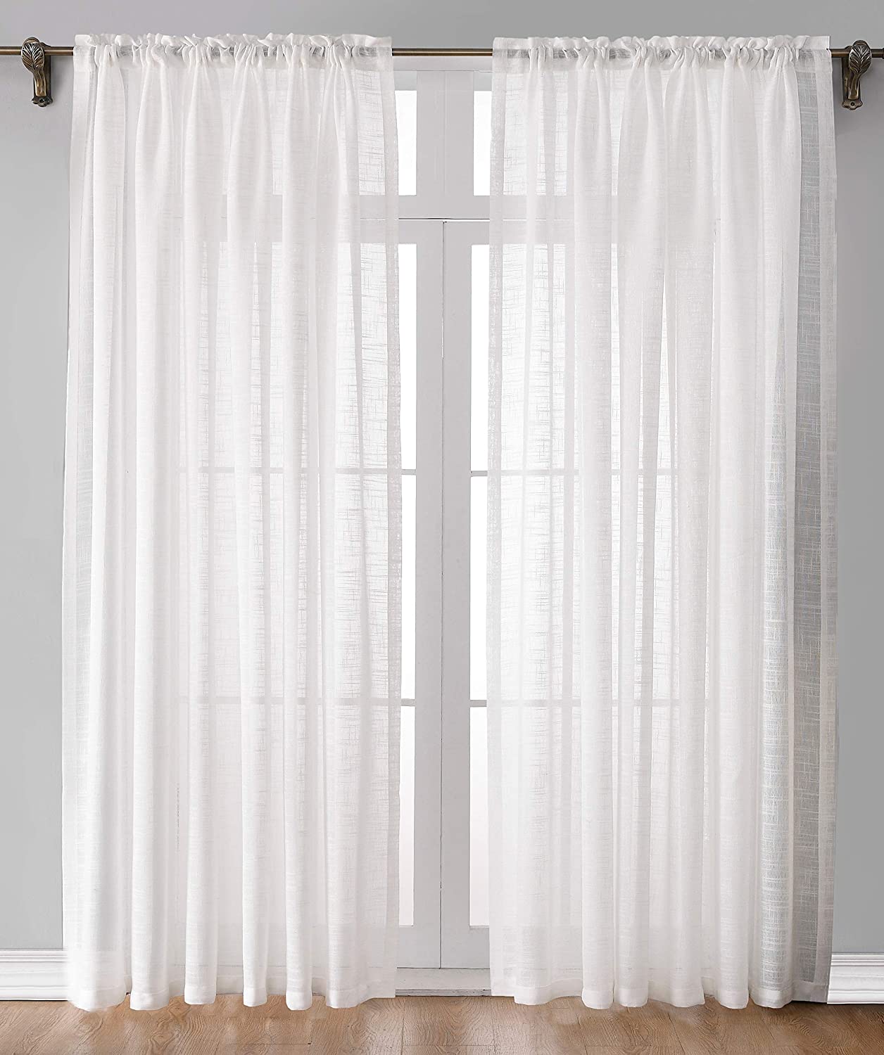 54 Inch Linen Sheer Curtain Panels Set of 2 (White, W35 X L54)