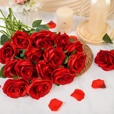 Artificial Rose Bouquet, Valentine Decorations (Red), 15-Pack