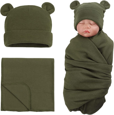 Baby Cotton Hat Set, swaddle and hat, 0-6 Months (Olive Green)