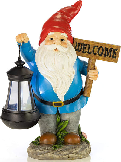 Welcome Gnome with Solar Powered Led Lantern (Red Hat)