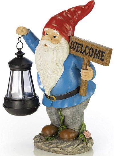 Welcome Gnome with Solar Powered Led Lantern (Red Hat)