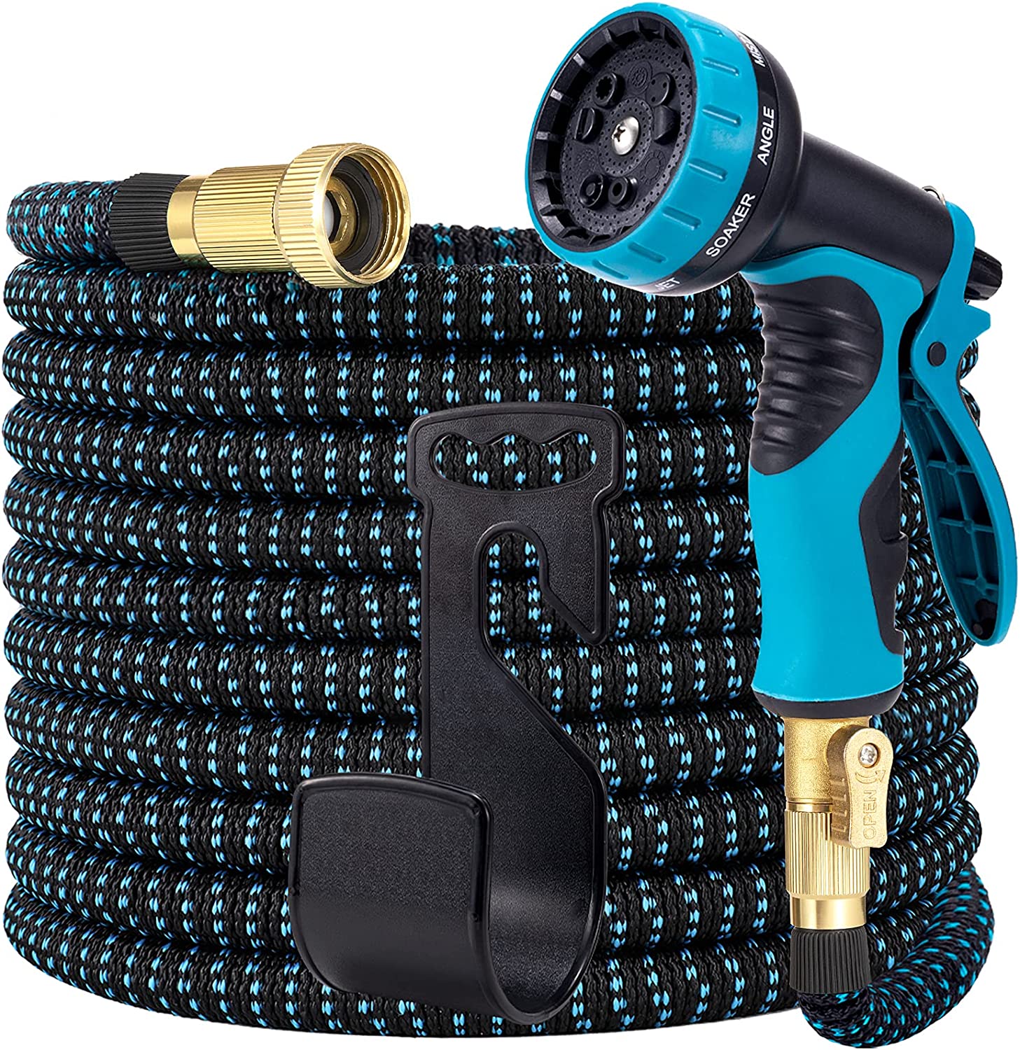 Blue Garden Hose 100ft, Water Hose with 10 Function Nozzle