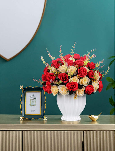 4 bunches of artificial roses with ceramic vase, (color: red)