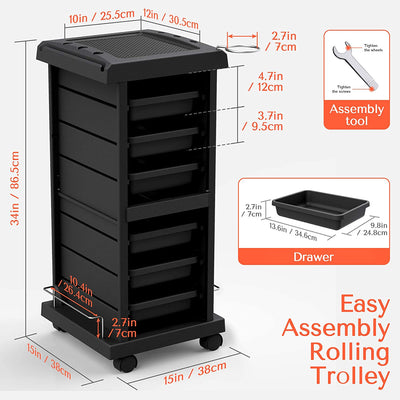 6 tray storage space saving salon rolling cart, black